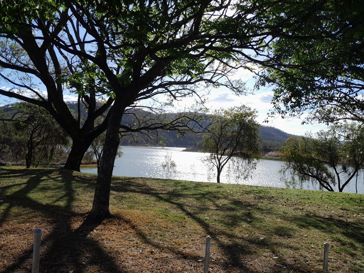 Open countryside with scattered gums and sandstone rises in warm afternoon light.